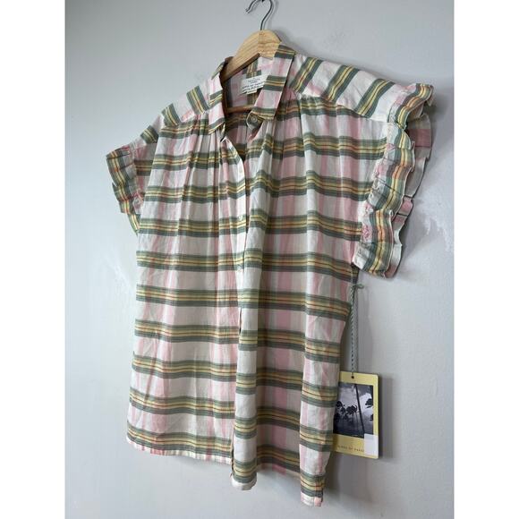 NWT Birds of Paradis Marianne B Ruffle Sleeve Top in Pomela Plaid Green & Pink - Picture 3 of 10